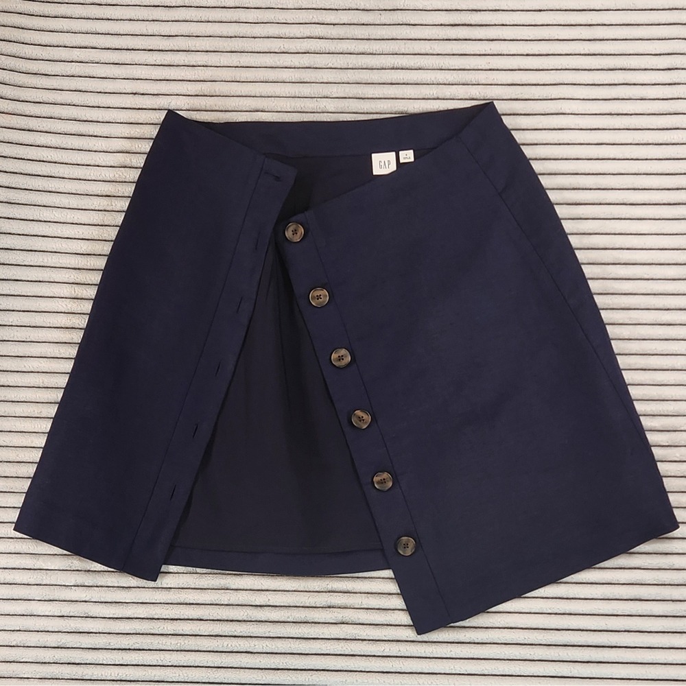 GAP Linen Cotton Mini Skirt Button Front Navy Blue Uniform Schoolgirl Prep 6 29 - Picture 3 of 8